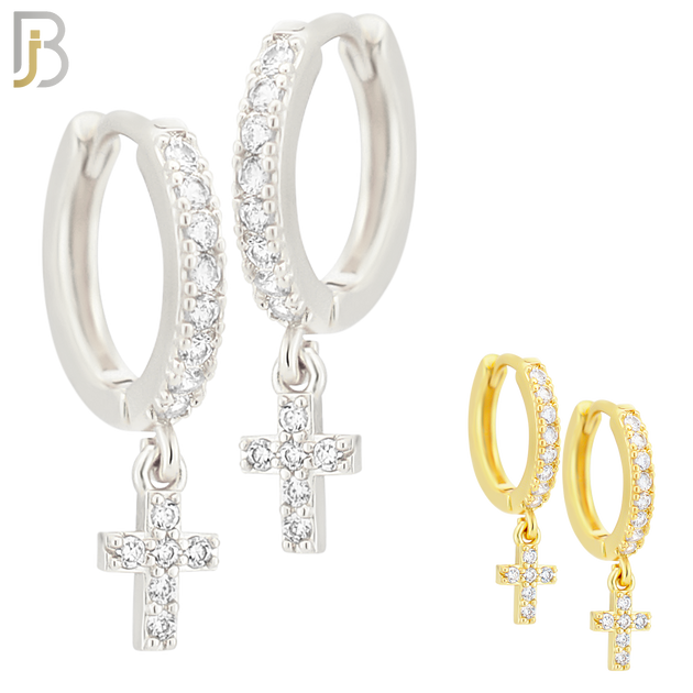 ES109 - 316L Stainless Steel Dangling Cross with Zircon Huggies Clip On image 0