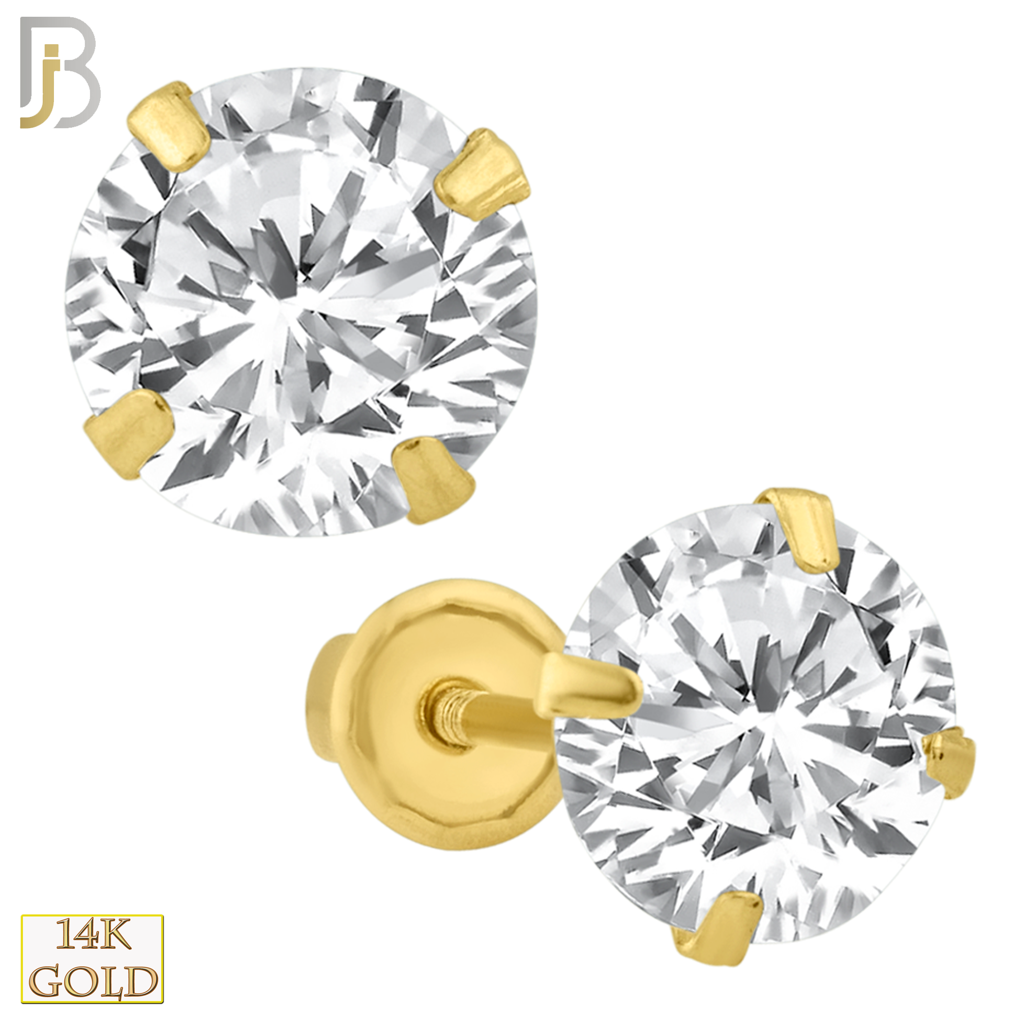 14-ES38RYC - 14K Yellow Gold Earring Stud Screw Back Stamping Prong Setting with Round Clear Zircon image 1