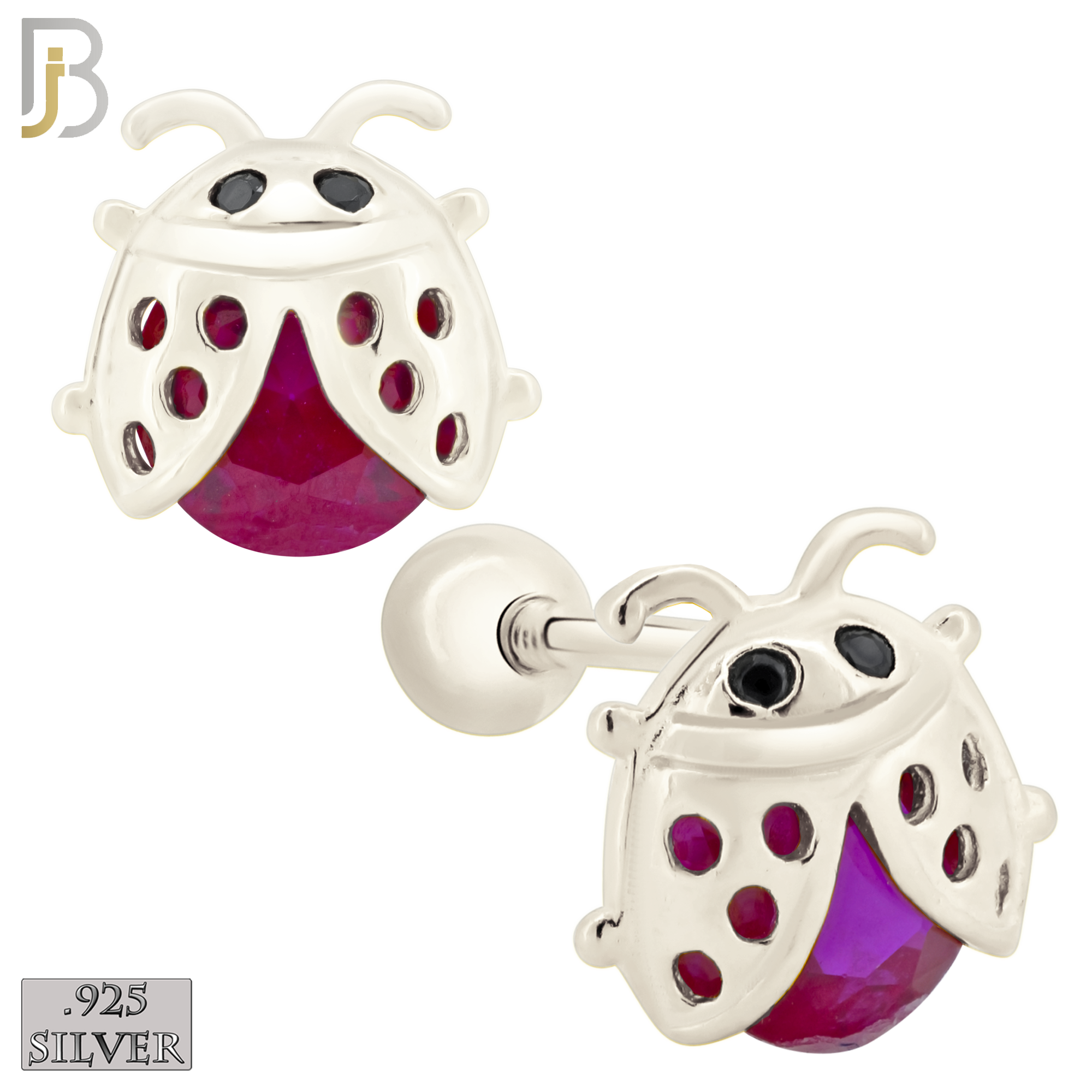 925-ES198 - Screw Ball Back - .925 Sterling Silver Lady Bug Design Earring Stud with Fuchsia Zircon image 1