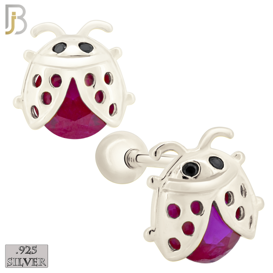 925-ES198 - Screw Ball Back - .925 Sterling Silver Lady Bug Design Earring Stud with Fuchsia Zircon image 1