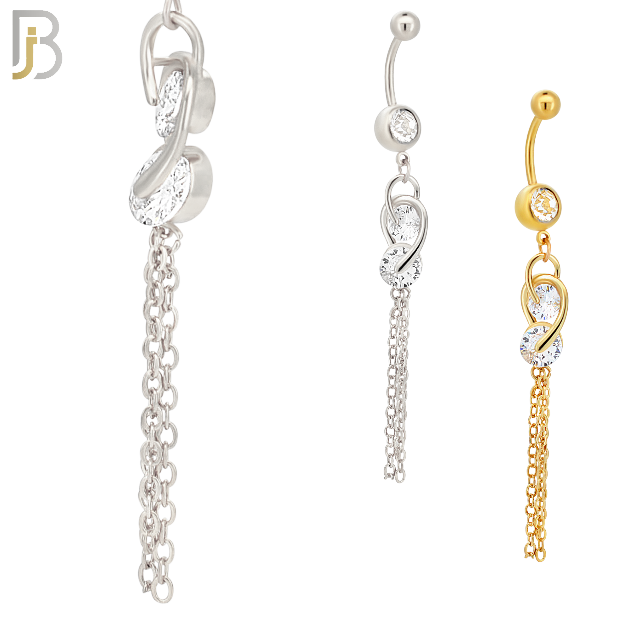 N0112  - 316L Stainless Steel Dangling Double CZ Chain Drop Belly Ring image 0