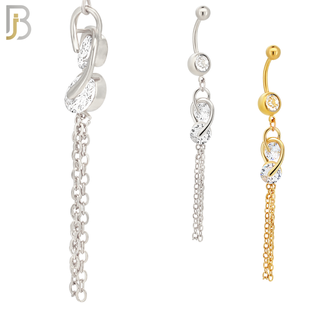 N0112  - 316L Stainless Steel Dangling Double CZ Chain Drop Belly Ring image 0