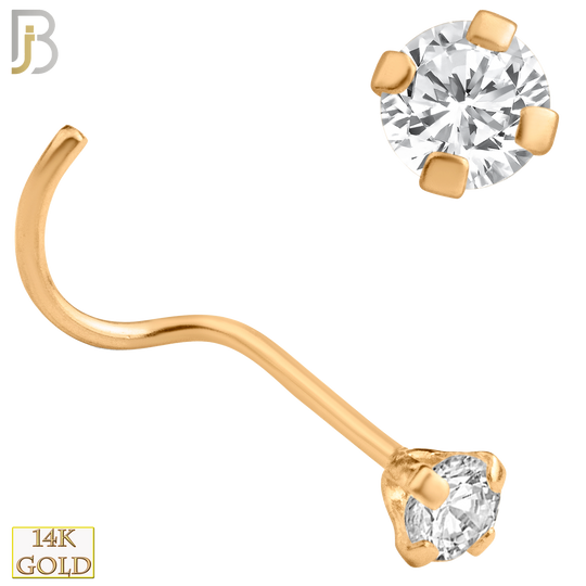 14-NR03CR-22 - 14k Solid Rose Gold 22g Prong Setting  Round Cubic Zircona Nose Screw, Cork Screw image 4