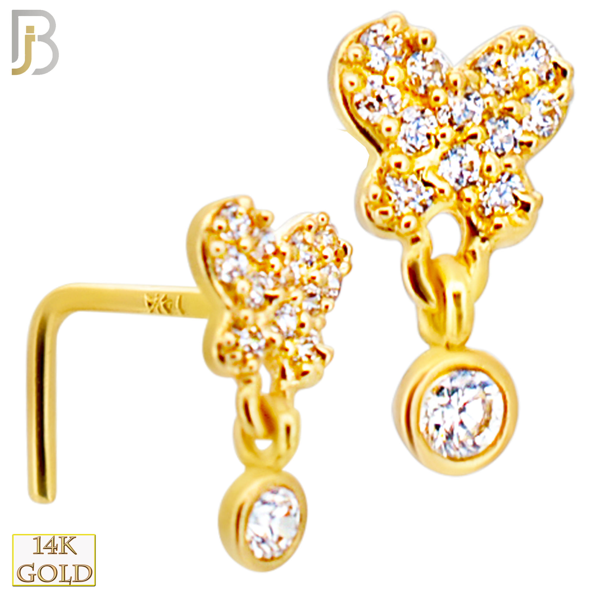 14-NR110L- 14k Gold Solid Studded Butterfly with Dangling CZ in Bezel Setting L-Shape - Yellow Gold image