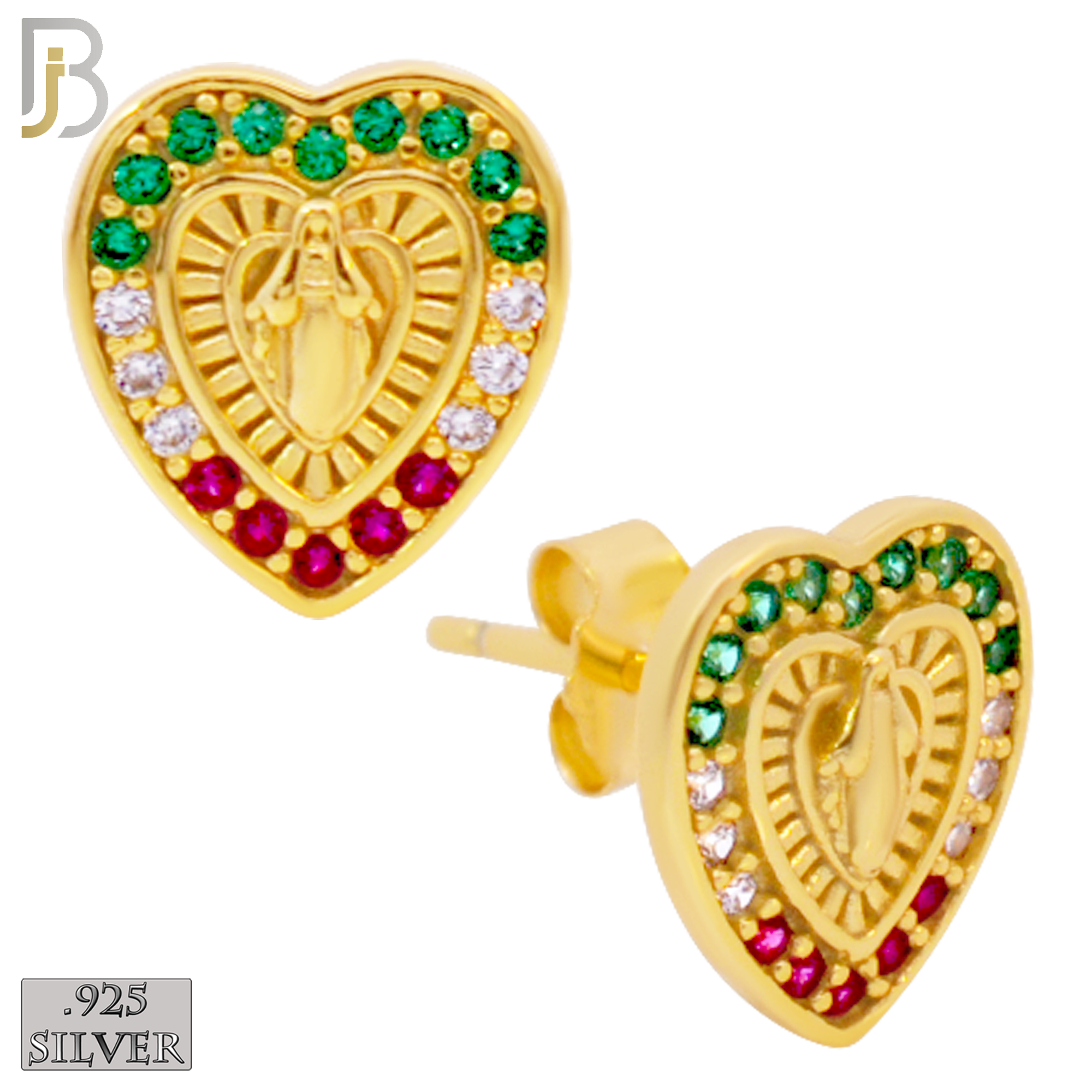 925-ES435 - 925 Sterling Silver Virgin Mary Religious Heart Shape Earring with Multi Colored Zircon - Push Back image 1