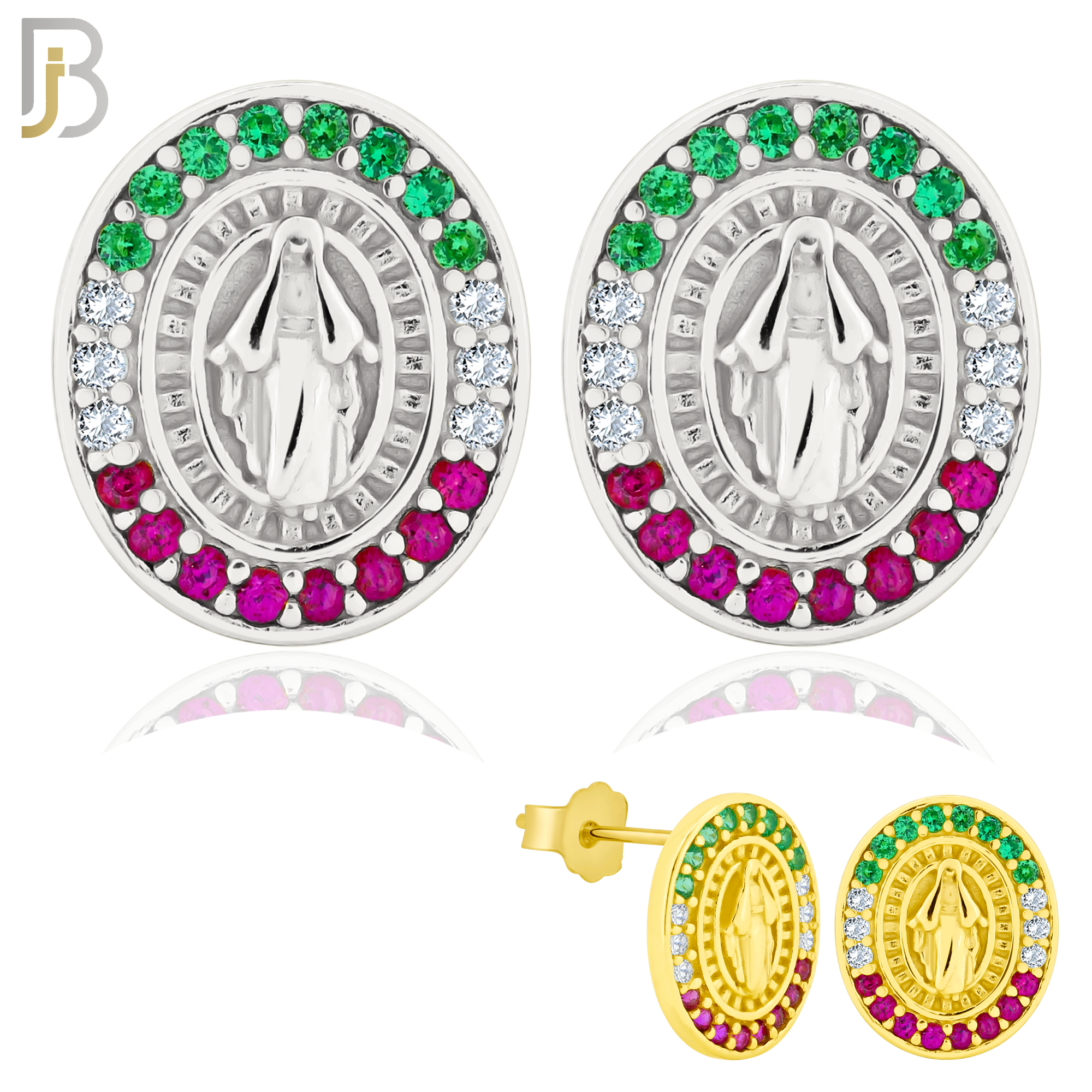 925-ES268 - .925 Sterling Silver Oval Shape Virgin Mary with Mexican Color Flag Zircon Design Earrings Stud image 0