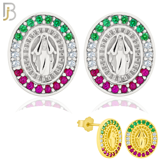 925-ES268 - .925 Sterling Silver Oval Shape Virgin Mary with Mexican Color Flag Zircon Design Earrings Stud image 0