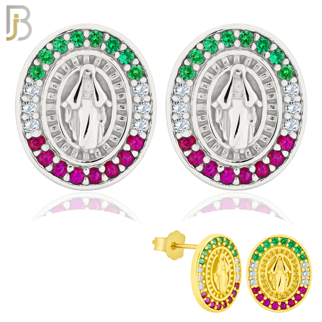 925-ES268 - .925 Sterling Silver Oval Shape Virgin Mary with Mexican Color Flag Zircon Design Earrings Stud image 0