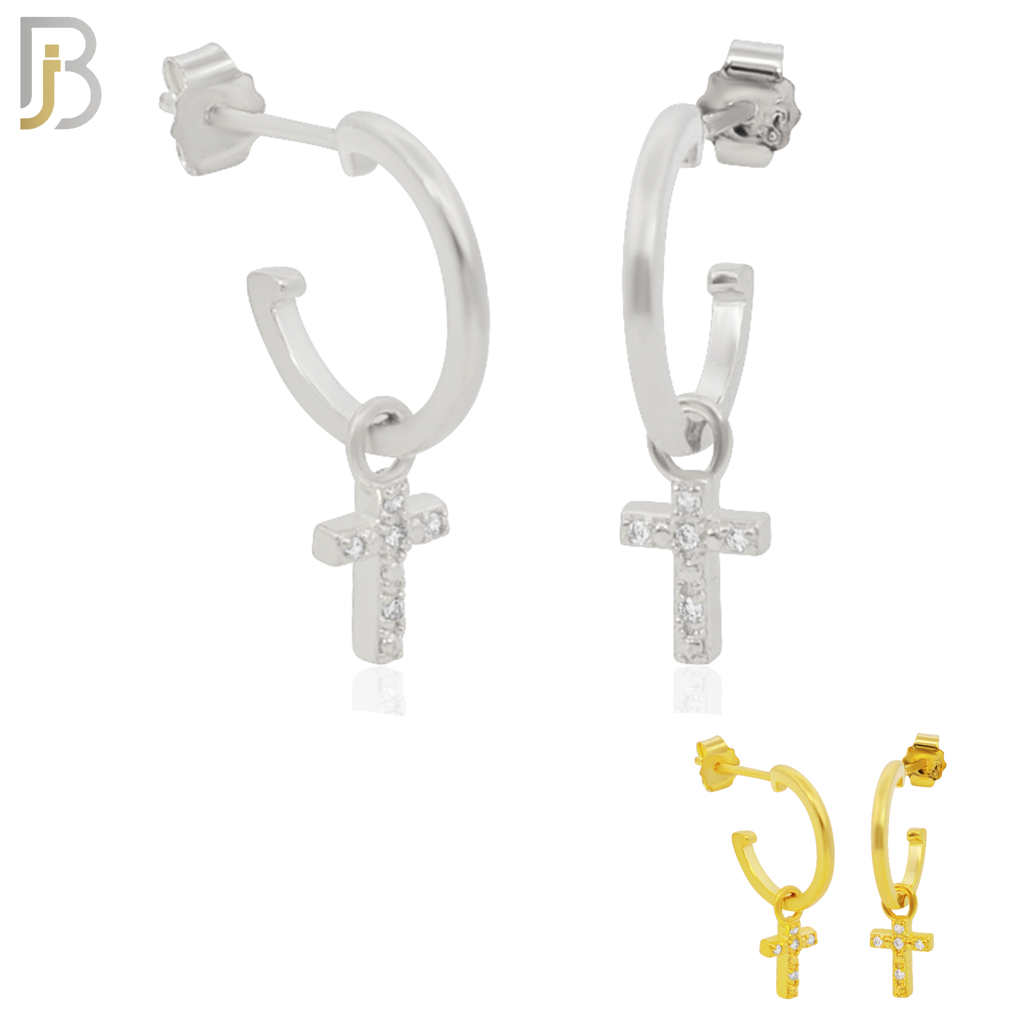 925-ES265 - .925 Sterling Silver Half Hoops with Dangling Cross with Zircon Design Earrings Stud image 0