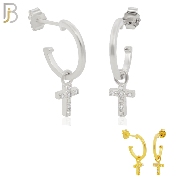 925-ES265 - .925 Sterling Silver Half Hoops with Dangling Cross with Zircon Design Earrings Stud image 0