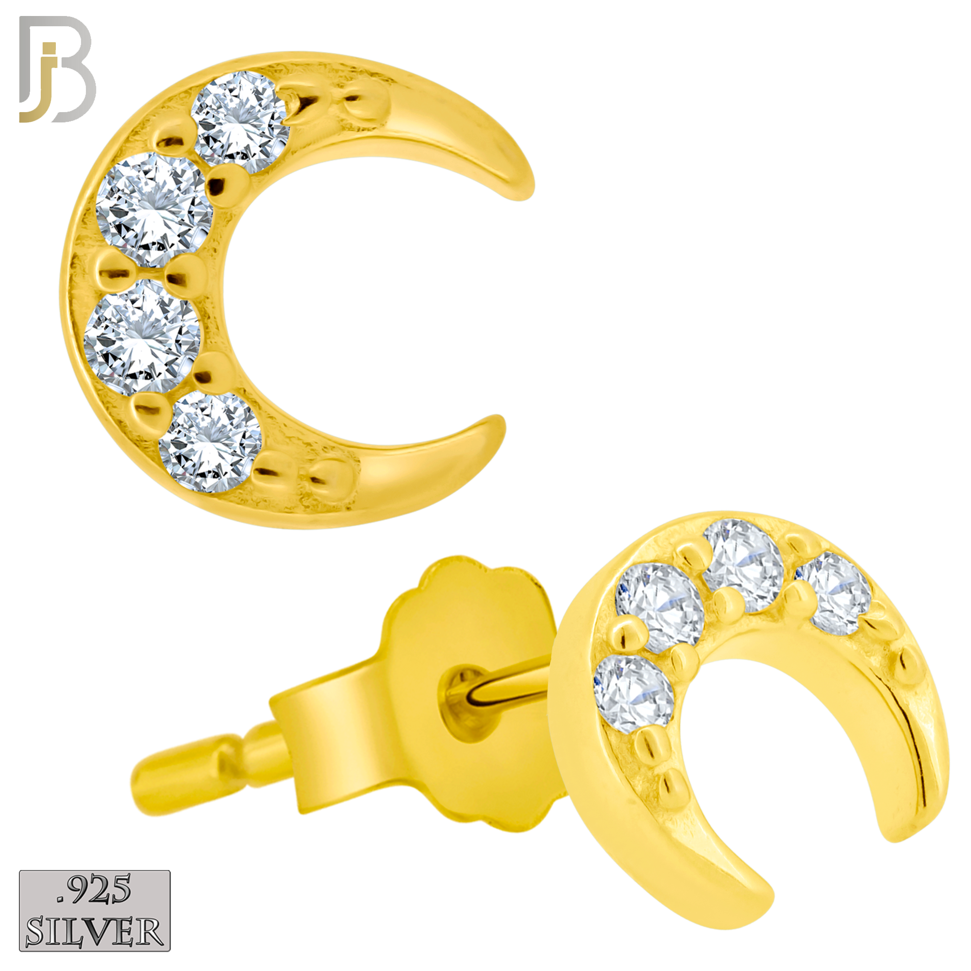 925-ES420 - Push Back - 925 Sterling Silver 5mm Moon with Multi CZ Stud Earrings image 1