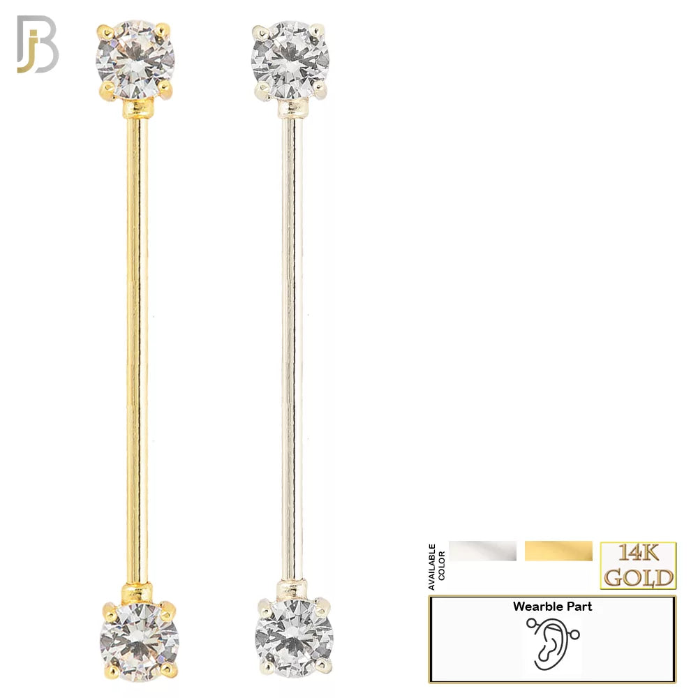 14-BB37 - 14k Solid Gold Industrial Straight Barbell with Round Clear CZ Externally Threaded image 0