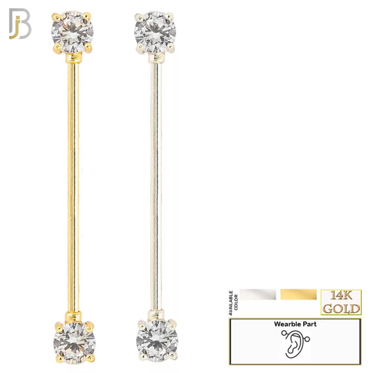 14-BB37 - 14k Solid Gold Industrial Straight Barbell with Round Clear CZ Externally Threaded image 0