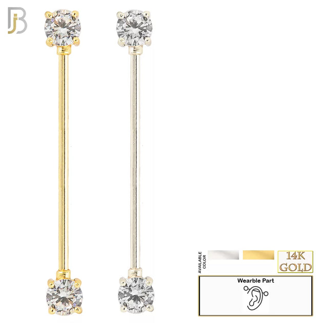 14-BB37 - 14k Solid Gold Industrial Straight Barbell with Round Clear CZ Externally Threaded image 0