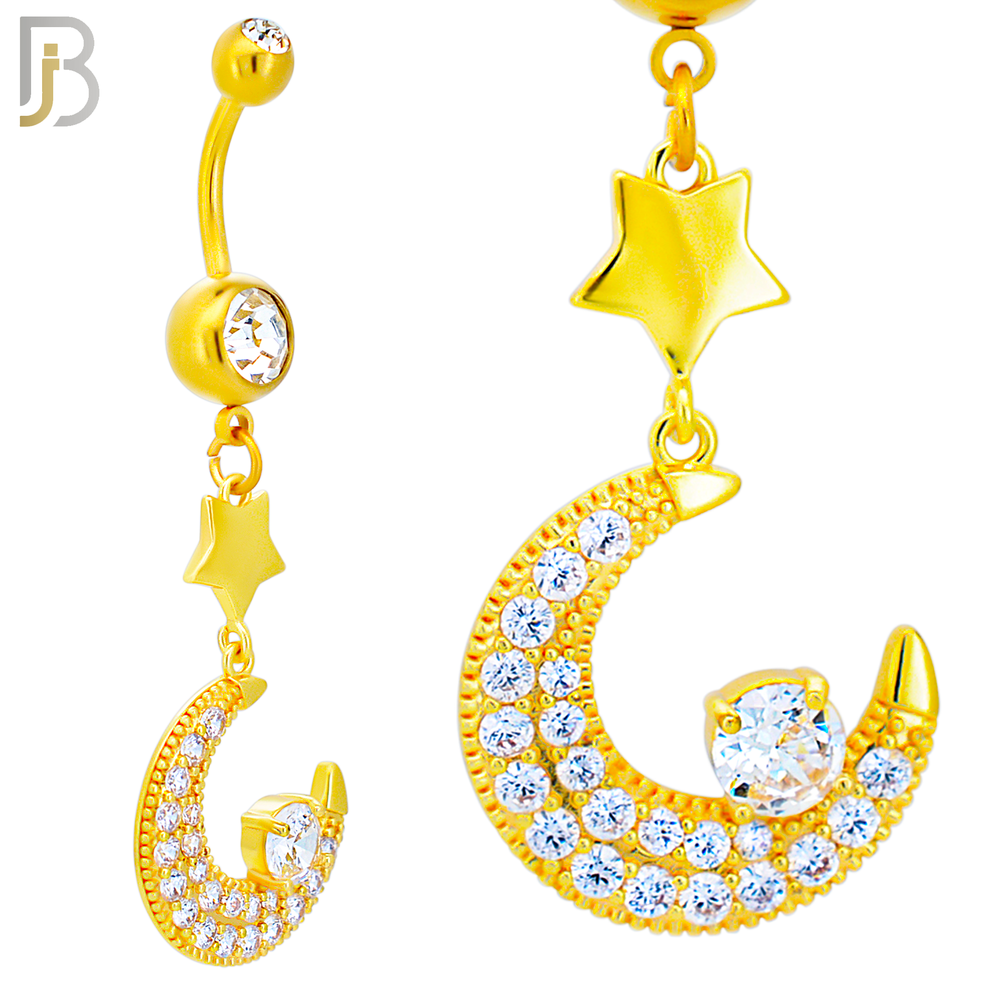 N0143 - 316L Surgical Steel Dangling Crescent Moon with Multi CZ Belly Ring image 3