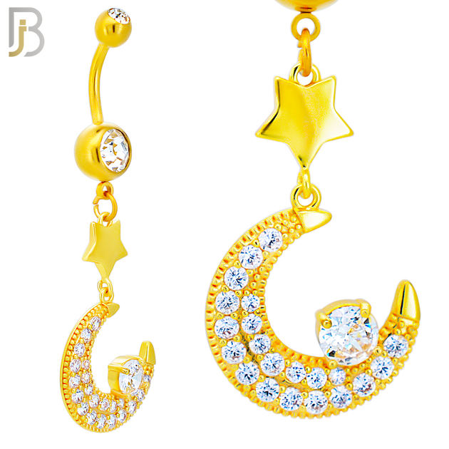 N0143 - 316L Surgical Steel Dangling Crescent Moon with Multi CZ Belly Ring image 3