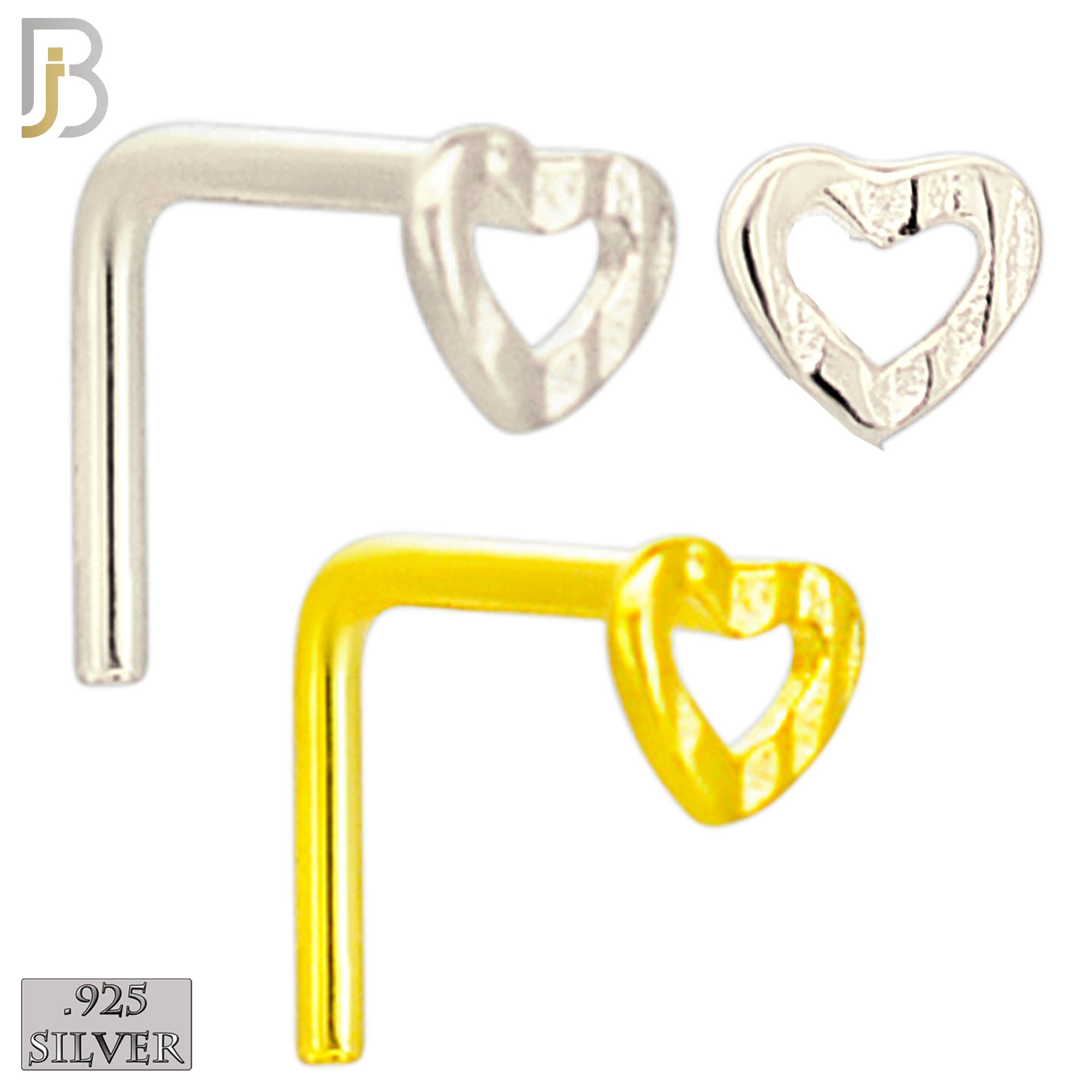925-NR11LGS -  925 Sterling Silver Hollow Heart L Shape Nose Ring (Pack of 6) - Rhodium Plated and Yellow Gold Plated image
