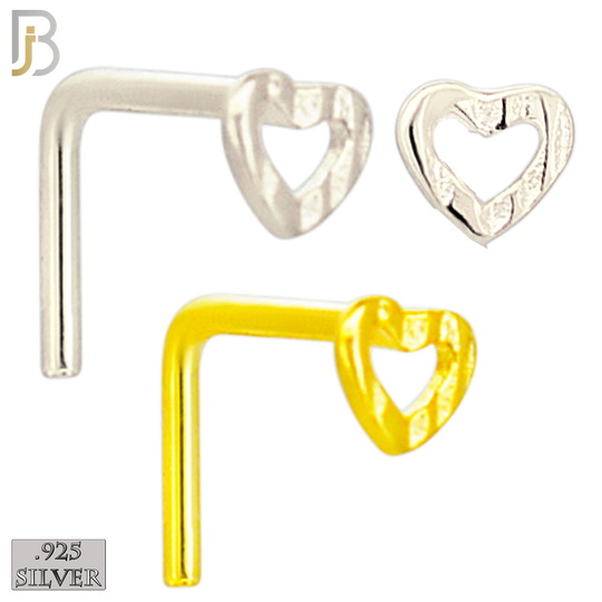 925-NR11LGS -  925 Sterling Silver Hollow Heart L Shape Nose Ring (Pack of 6) - Rhodium Plated and Yellow Gold Plated image