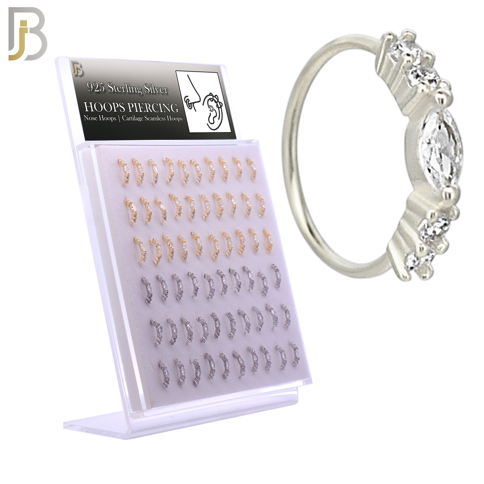 925-PK-CT102M -  925 Sterling Silver Hoops with Marquise Shaped Cubic Zirconia Nose Hoop - Pack of 60 pcs image 0