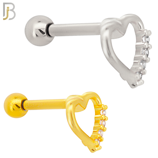 TB13 - 316L Surgical Steel Hollow Heart Design with Zircon Tragus Barbell Cartilage Piercing Screw Ball (PACK OF 6) image 0