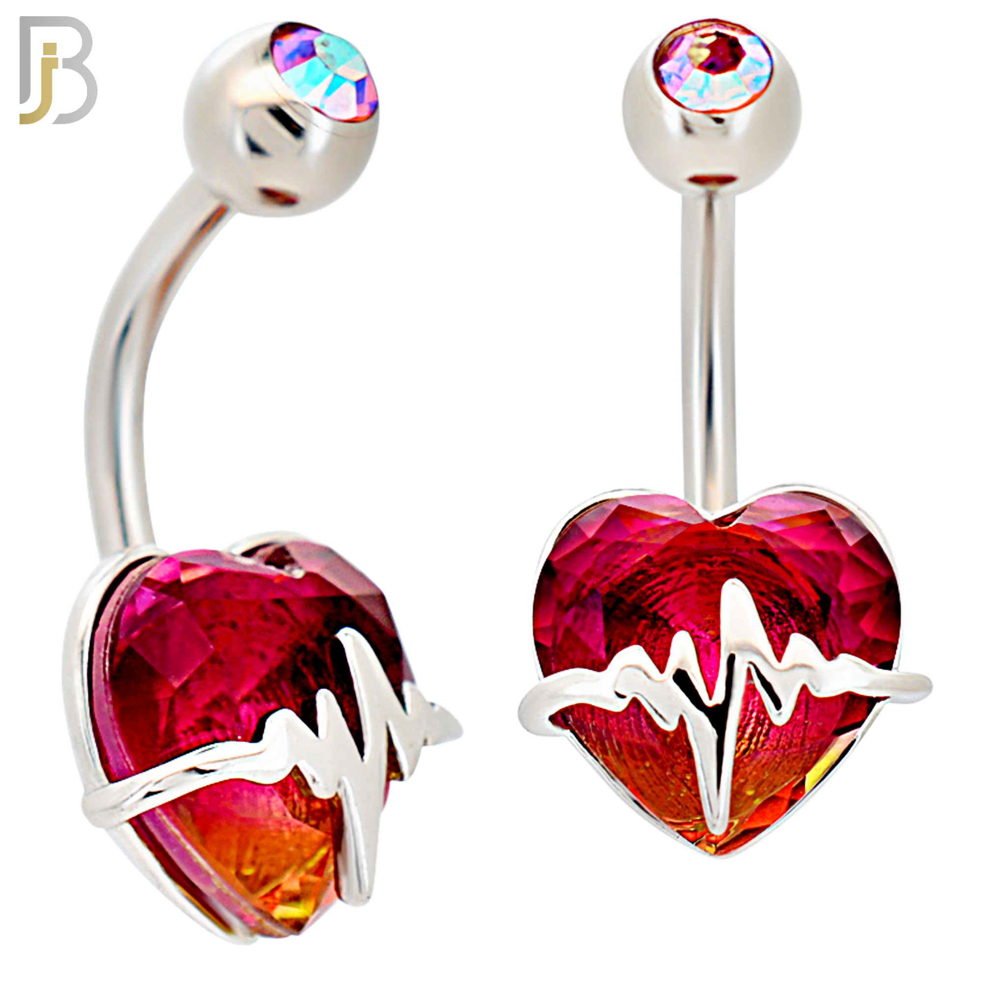 NB84 - 316L Stainless Steel Heart Shaped CZ and  Horizontal Heart Beat Strap Belly Ring image 0