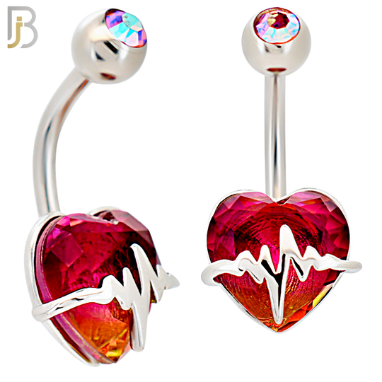 NB84 - 316L Stainless Steel Heart Shaped CZ and  Horizontal Heart Beat Strap Belly Ring image 0