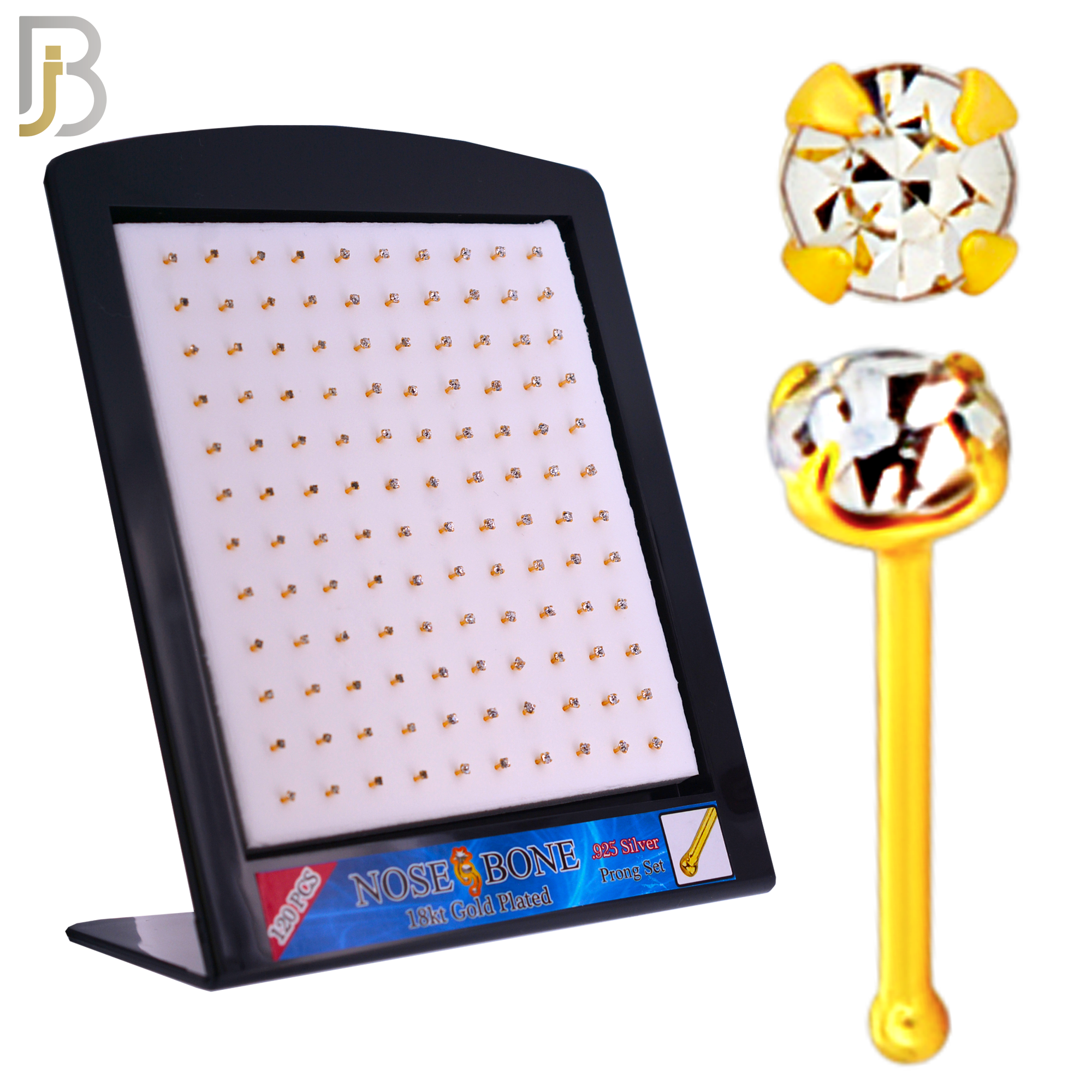 925-PK-NR01Y-3C - Mixed of 1.5mm, 1.8mm, 2mm 22g Thickness 18KT Gold Plated  925 Sterling Silver Nose Bones, Prong Set Packages Pack of 120 image 0
