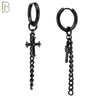ES286 - 316L Stainless Steel Cross & Long Chain Dangle Drop Hoop Huggies Earrings - Black Plated image