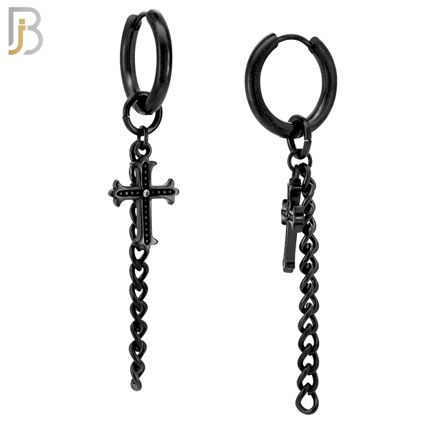 ES286 - 316L Stainless Steel Cross & Long Chain Dangle Drop Hoop Huggies Earrings - Black Plated image