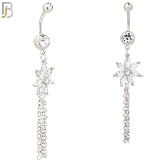 N065 - 316L Stainless Steel Dangling Flower with Chain Design Belly Ring with 5mm Screw Ball - Steel image