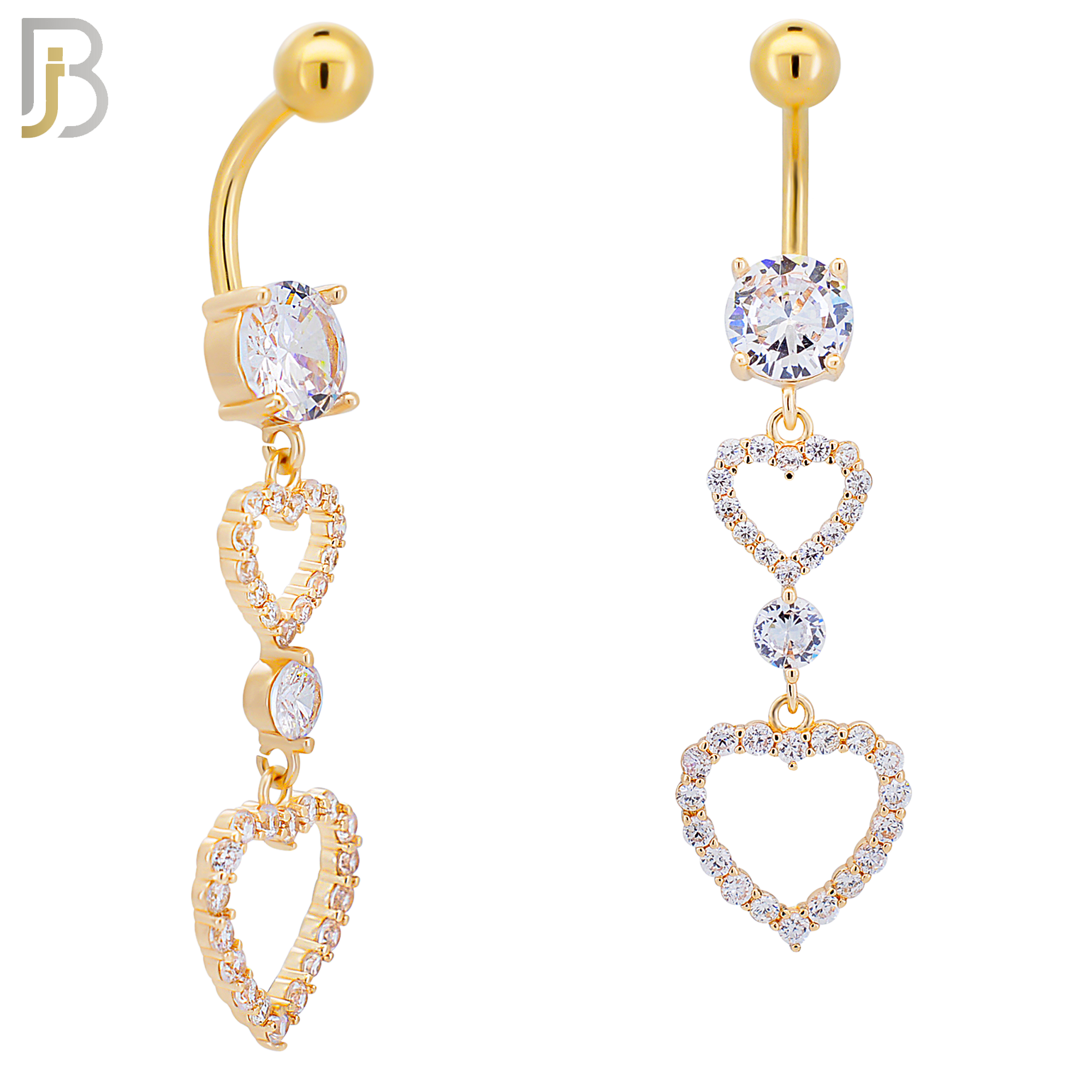 N0139 -  316L Stainless Steel Dangling Double Heart with CZ Belly Ring image 2