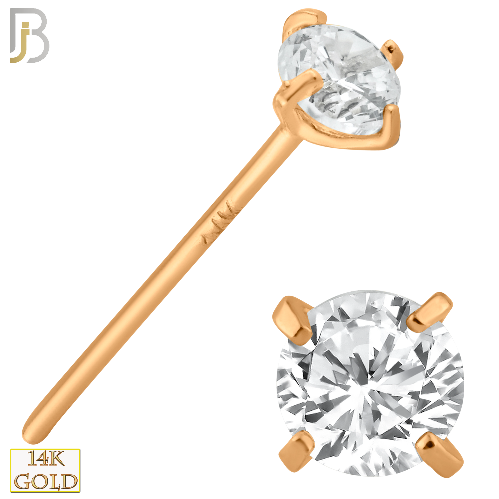 14-NR02CR-22 - 14k Solid Rose Gold 22g Prong Setting  Round Cubic Zircona Nose Stud Bend-it Yourself, Nose Straight  - 3.5mm image