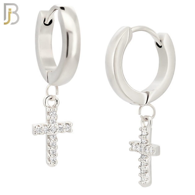 ES41 - 316L Stainless Steel Dangling Prong Setting Cross Zircon Design Huggies Clip On image 1