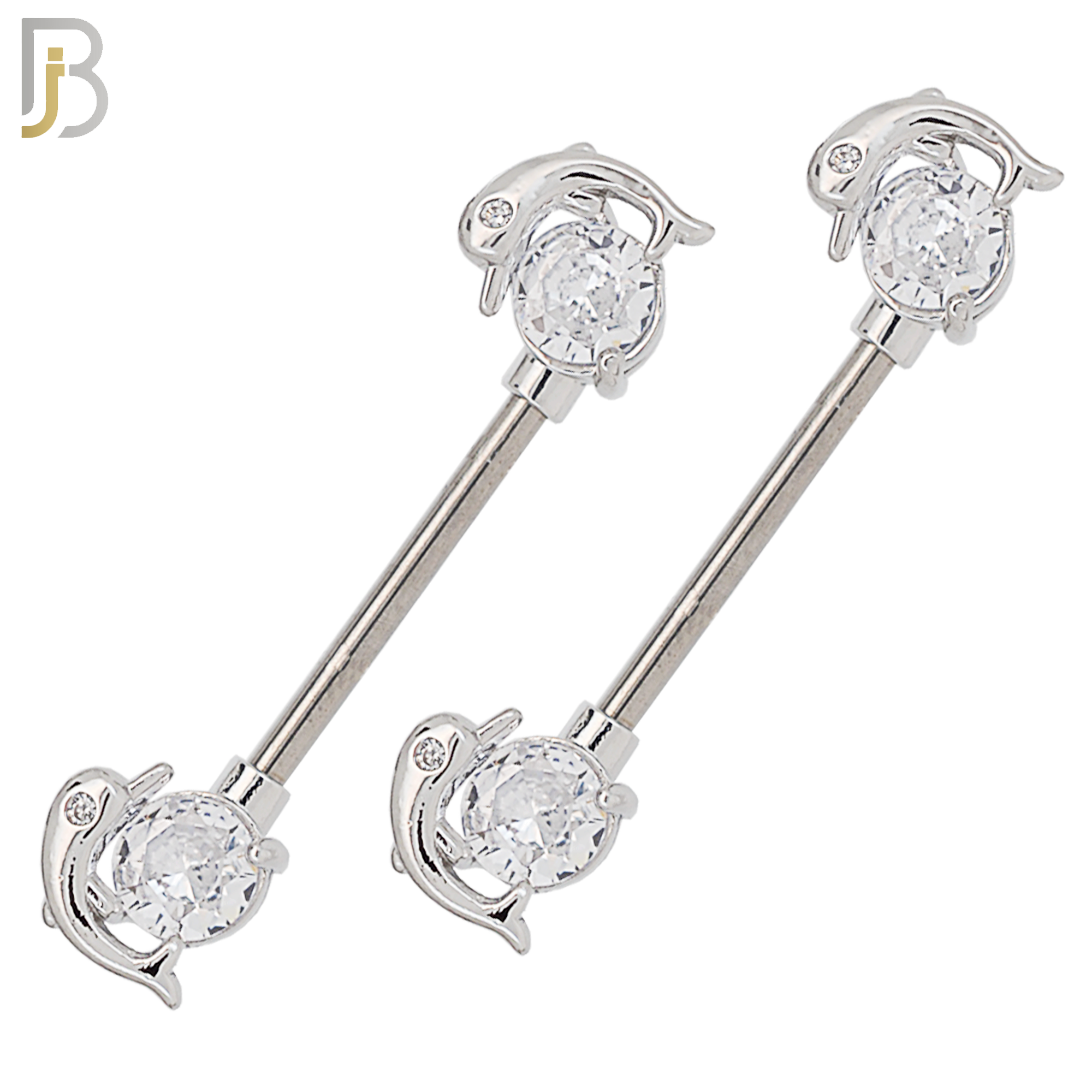 NP48 - 316L Surgical Steel Round Prong Set Zircon with Dolphin Design Nipple Rings Pair image 0