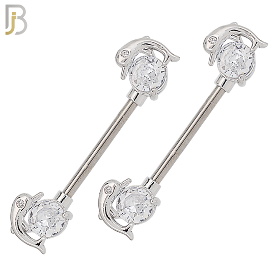 NP48 - 316L Surgical Steel Round Prong Set Zircon with Dolphin Design Nipple Rings Pair image 0