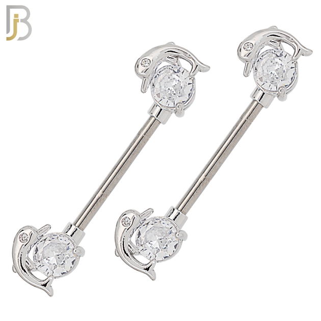NP48 - 316L Surgical Steel Round Prong Set Zircon with Dolphin Design Nipple Rings Pair image 0