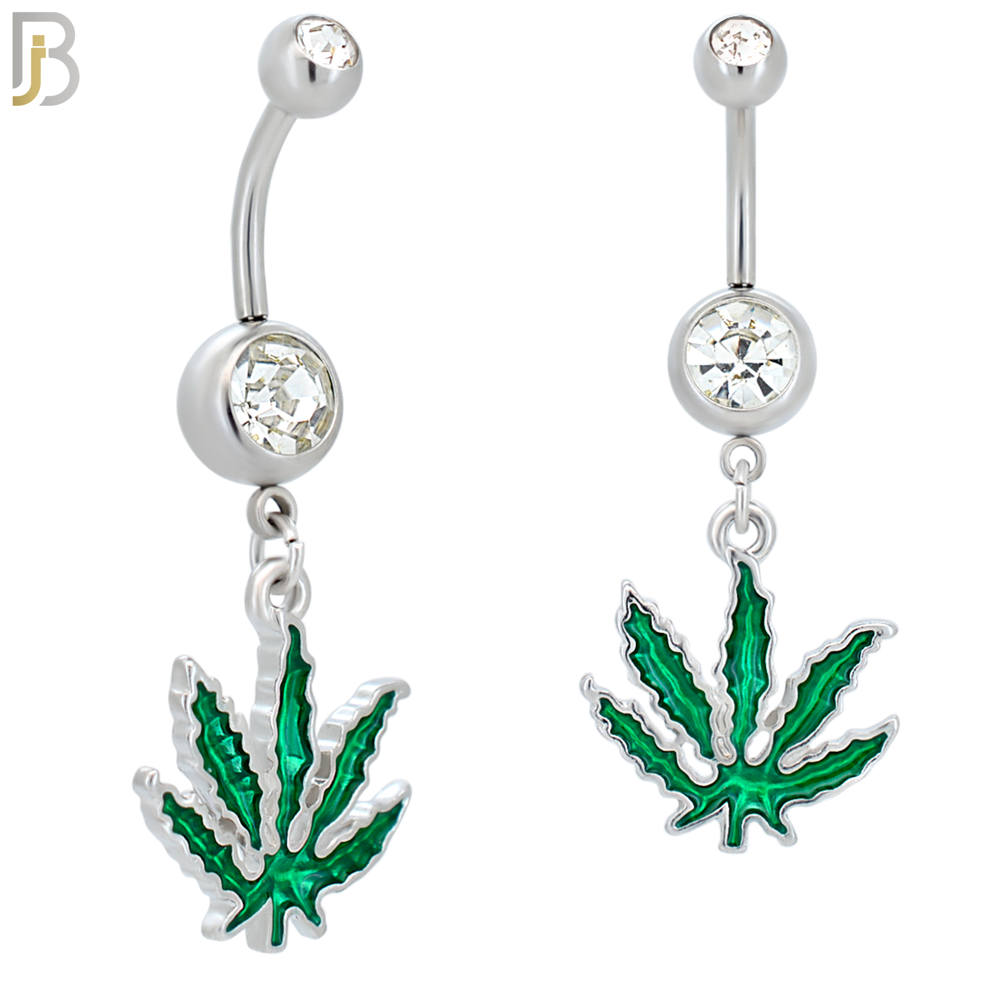 N052 - 316L Stainless Steel Dangling Marijuana Green Enamel Design Belly Ring with 5mm Screw Ball Top image 0