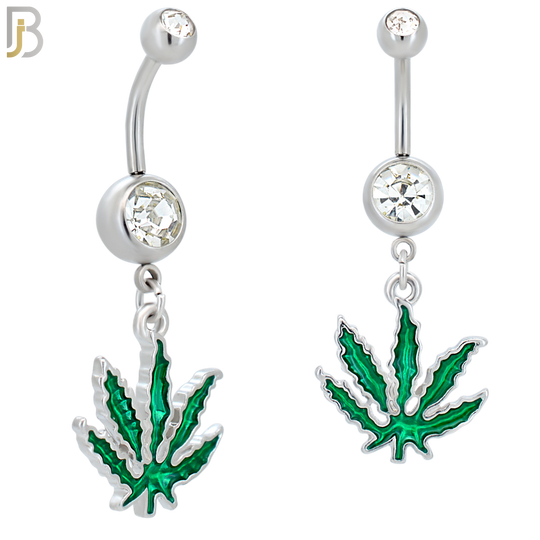 N052 - 316L Stainless Steel Dangling Marijuana Green Enamel Design Belly Ring with 5mm Screw Ball Top image 0