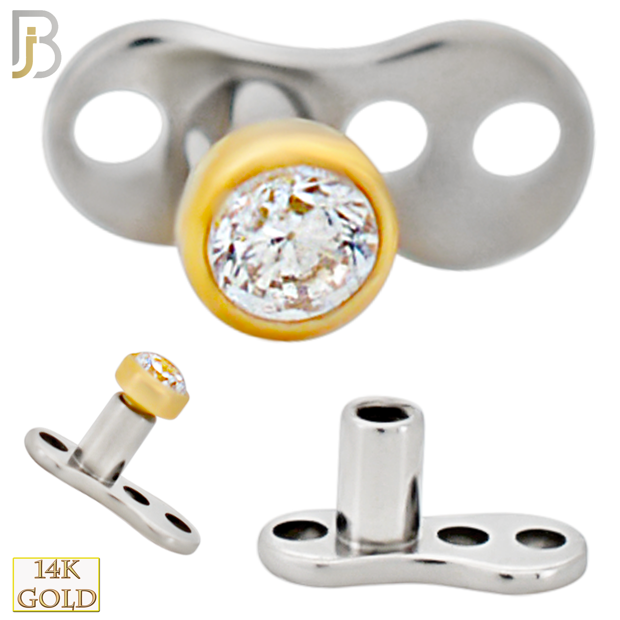 14-G23-DM03 - 14k Titanium Anchor with 14k Gold Top Bezel Set Clear Cubic Zirconia Dermal - Internally Threaded image 2