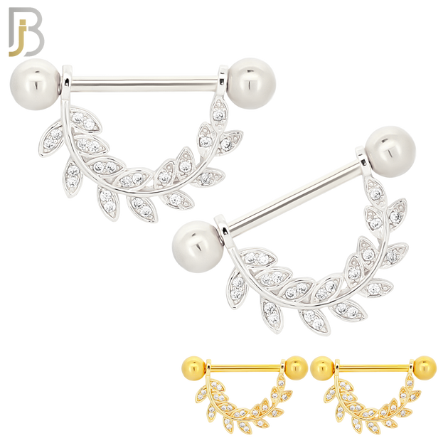 NP24 - 316L Surgical Steel Screw Bar with Vine Leaf Zircon Pair image 0