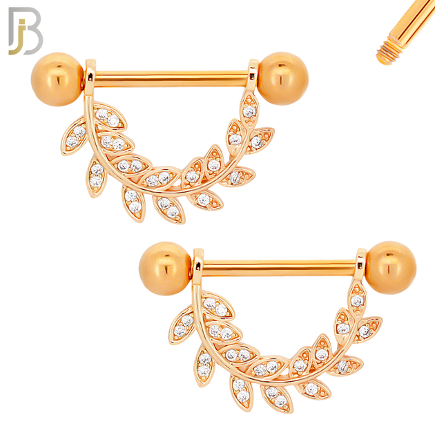 NP24 - 316L Surgical Steel Screw Bar with Vine Leaf Zircon Pair image 3