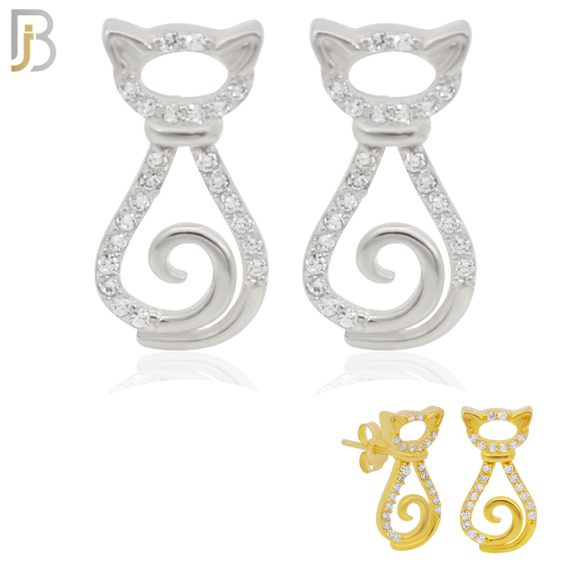 925-ES218 – .925 Sterling Silver Cat Design Earring Stud with Zircon image 0