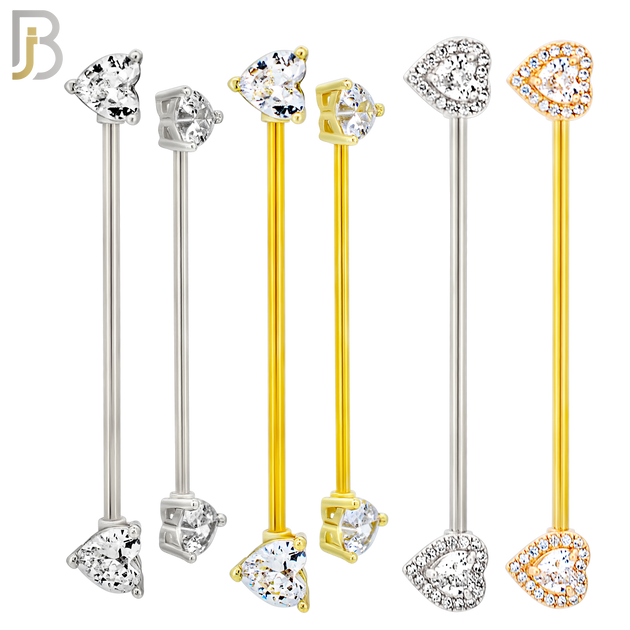 PK-BB08M - 316 Surgical Steel Industrial Barbell with Heart Shaped CZ Design image 1