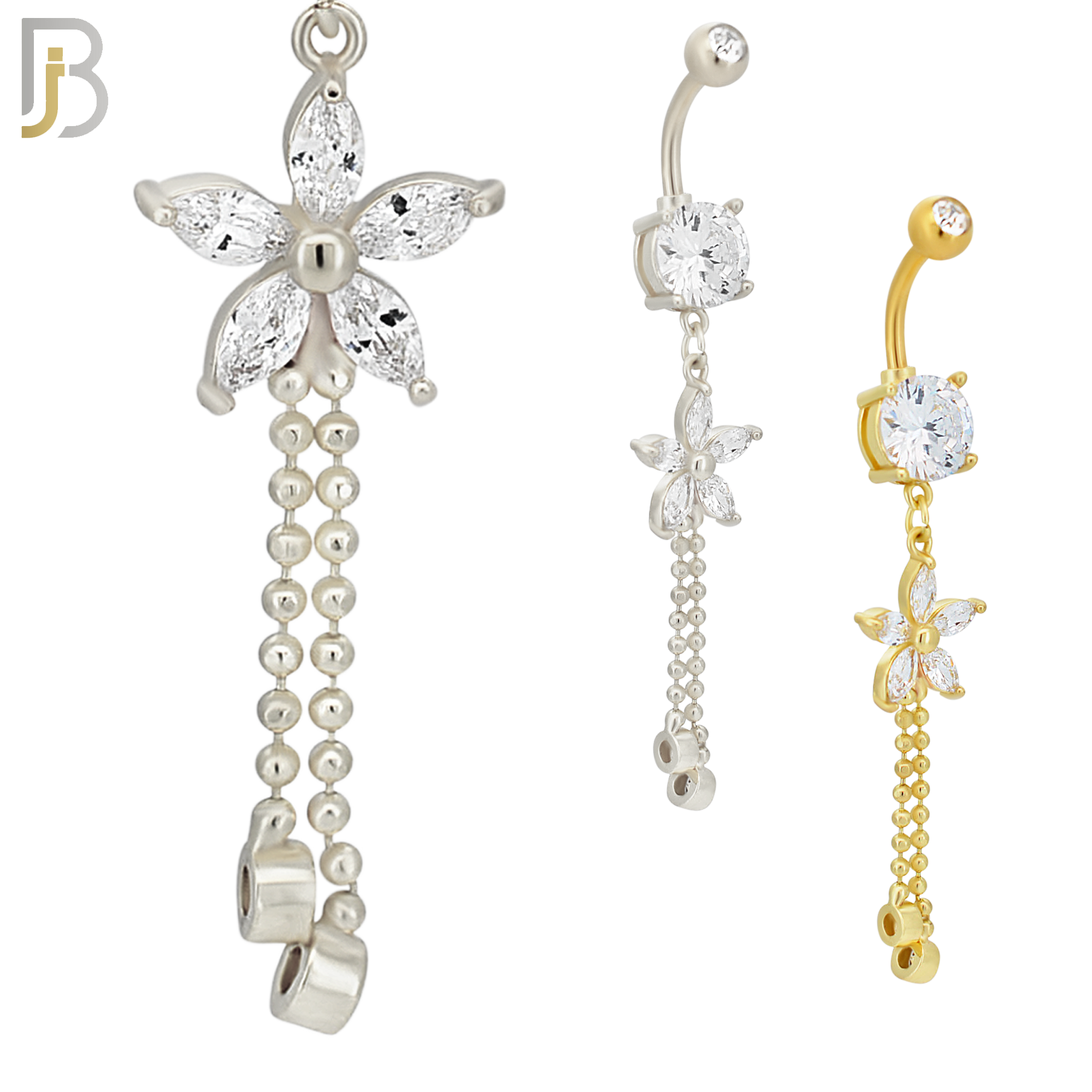 N0102  - 316L Stainless Steel Round Zircon with Dangling Flower with Zircon Drop Belly Ring image 0