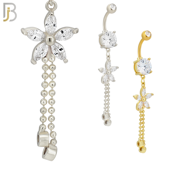 N0102  - 316L Stainless Steel Round Zircon with Dangling Flower with Zircon Drop Belly Ring image 0