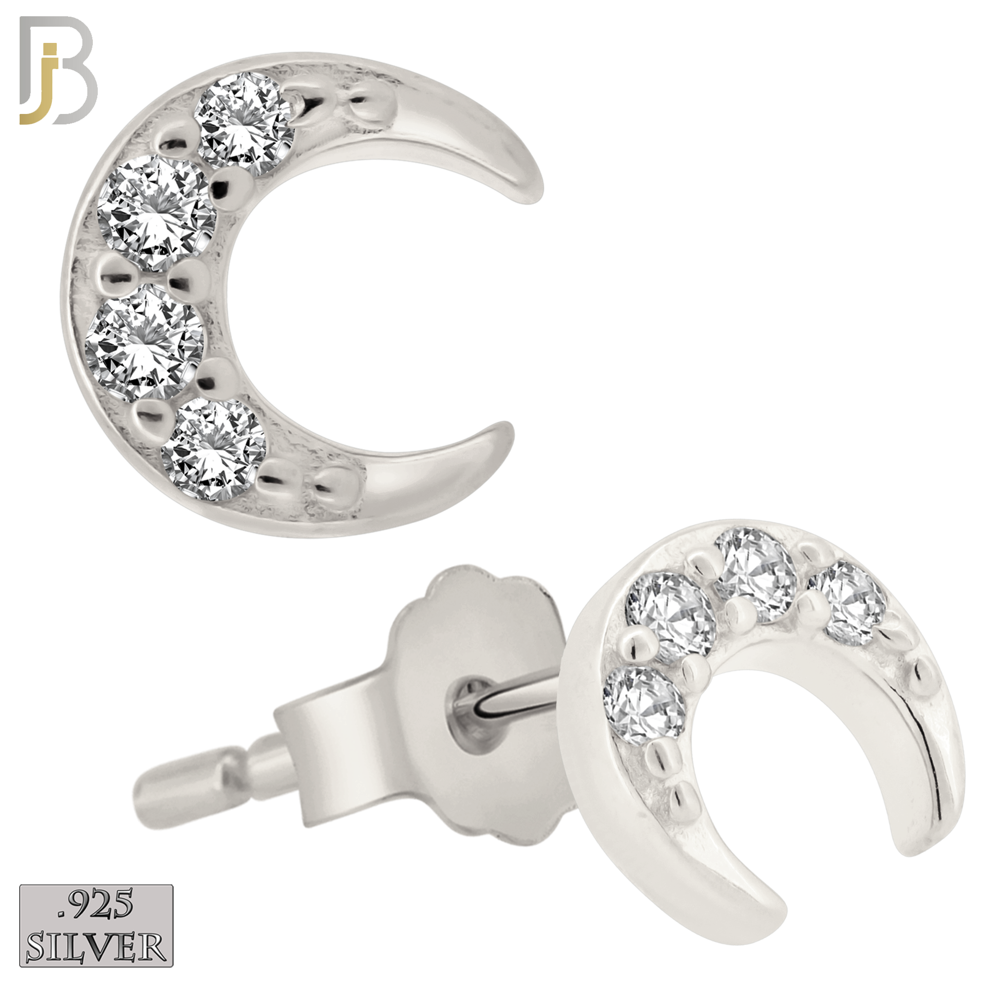 925-ES420 - Push Back - 925 Sterling Silver 5mm Moon with Multi CZ Stud Earrings image 0