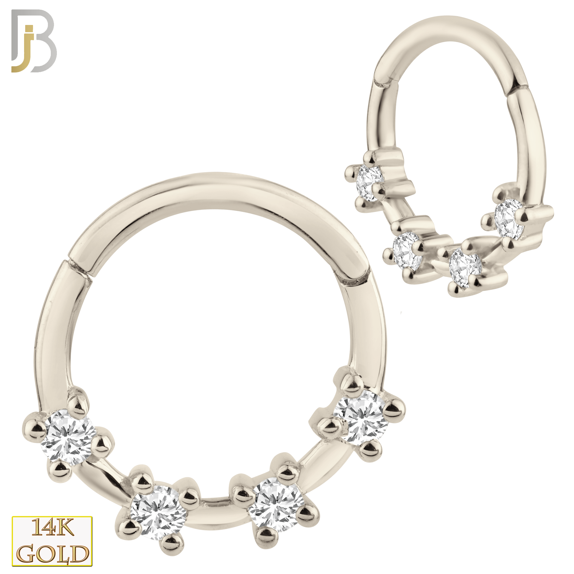 14-CT53 -  14K Solid Gold Four Zircon in Prong Setting Hinged Hoops image 1