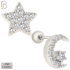 925-ES154 - Screw Ball Back - .925 Sterling Silver Crescent Moon and Star  Design with Zircon Design Earring Stud image 1