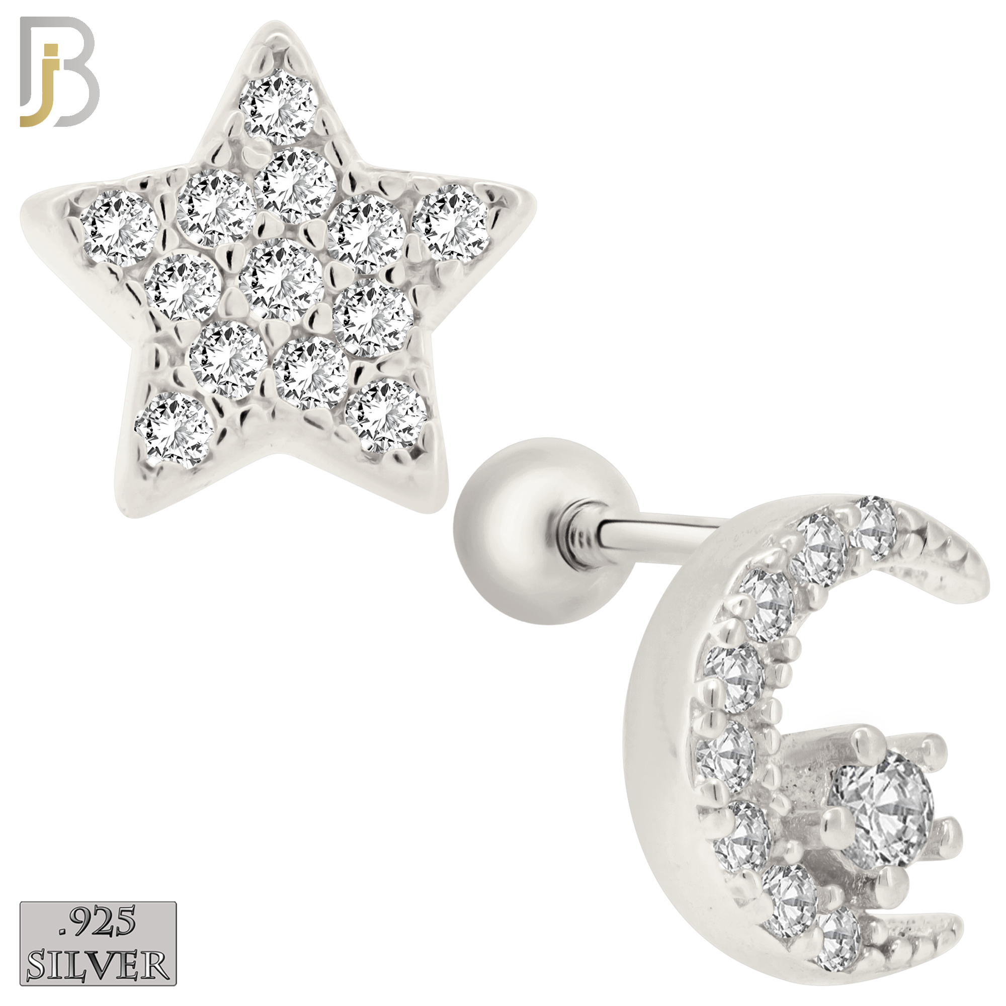 925-ES154 - Screw Ball Back - .925 Sterling Silver Crescent Moon and Star  Design with Zircon Design Earring Stud image 1