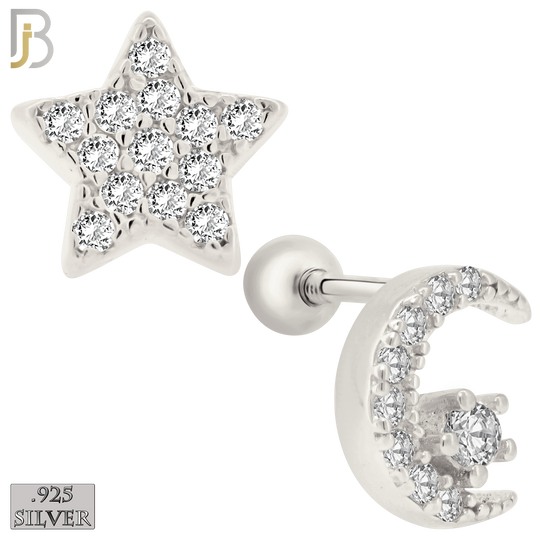 925-ES154 - Screw Ball Back - .925 Sterling Silver Crescent Moon and Star  Design with Zircon Design Earring Stud image 1